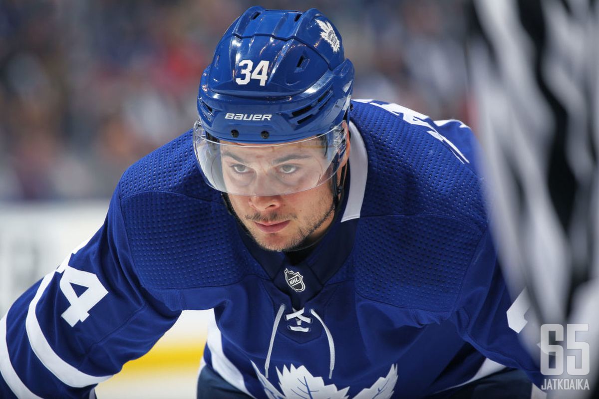 TORONTO, ON - OCTOBER 3:  Auston Matthews #34 of the Toronto Maple Leafs waits for play to resume against the Montreal Canadiens during an NHL game at Scotiabank Arena on October 3, 2018 in Toronto, Ontario, Canada. The Maple Leafs defeated the Canadiens 