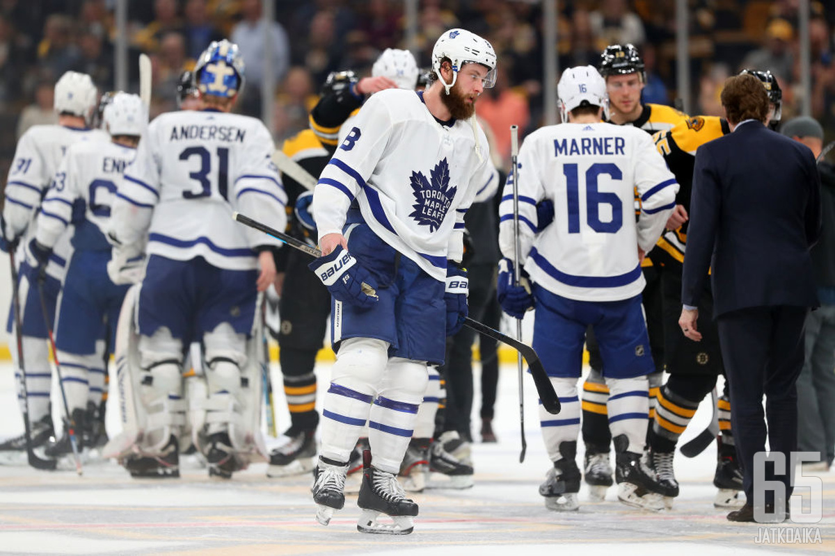 BOSTON, MASSACHUSETTS - APRIL 23: Jake Muzzin #8 of the Toronto Maple Leafs reacts after the Maple Leafs lost 5-1 to the Boston Bruins during the third period of Game Seven of the Eastern Conference First Round during the 2019 NHL Stanley Cup Playoffs at 