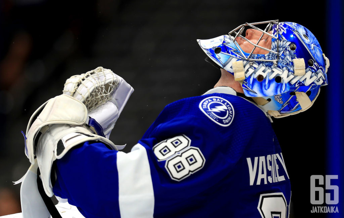TAMPA, FLORIDA - OCTOBER 03: Andrei Vasilevskiy #88 of the Tampa Bay Lightning looks on during the home opener against the Florida Panthers at Amalie Arena on October 03, 2019 in Tampa, Florida. (Photo by Mike Ehrmann/Getty Images)