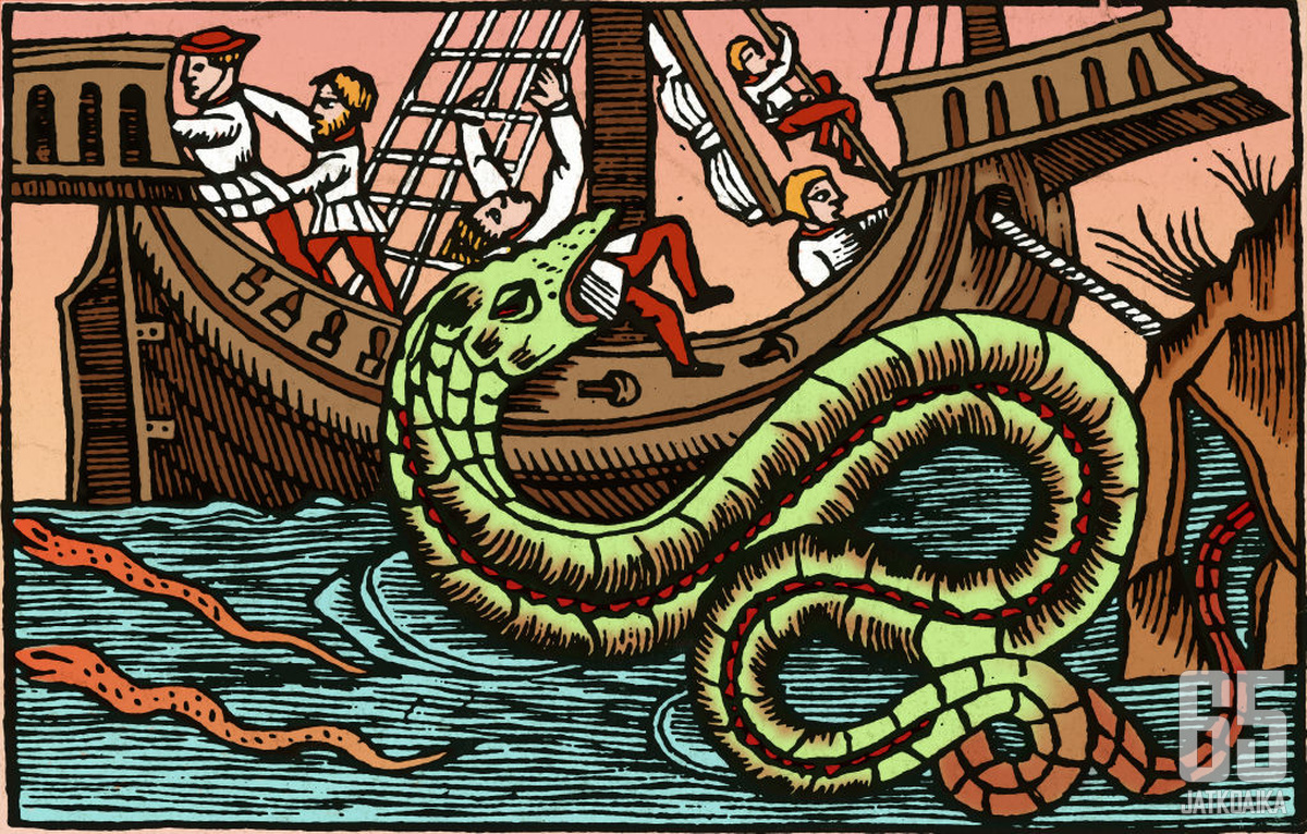 Colorized illustration (after a woodcut) depicts a kraken, a mythological sea creature, attacking a ship and swallowing its sailors. It originally appeared in Olaus Magnus' 'Historia de Gentibus Septentrionalibus' (ÔHistory of the Northern Peoples') (1555