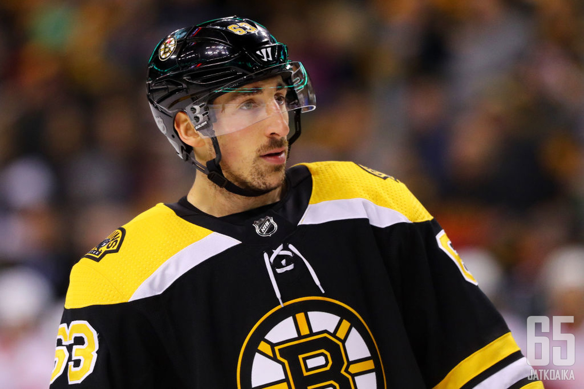 BOSTON, MA - DECEMBER 23: Brad Marchand #63 of the Boston Bruins looks on during the first period against the Detroit Red Wings at TD Garden on December 23, 2017 in Boston, Massachusetts. (Photo by Maddie Meyer/Getty Images)