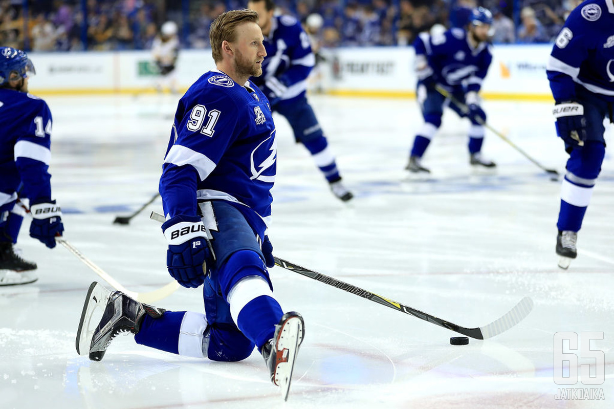 TAMPA, FL - MAY 06:  Steven Stamkos #91 of the Tampa Bay Lightning warms up during Game Five of the Eastern Conference Second Round against the Boston Bruins during the 2018 NHL Stanley Cup Playoffs at Amalie Arena on May 6, 2018 in Tampa, Florida.  (Phot