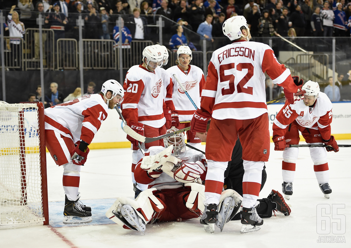 Red Wingsin muut pelaajat ihmettelivät Jonas Gustavssonin loukkaantumista.